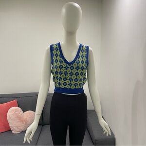 NWT UK2LA Vest Size Large V-Neck Cropped Argyle Print Preppy Tennis Golf